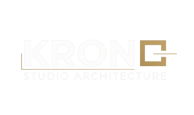 Logotipo oficial de KRONO Studio Architecture con tipografía minimalista y O cuadrada dorada